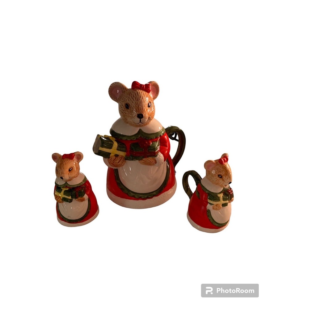 Vintage Mrs Christmas Mouse‎ Tea Pot With Sugar And Creamer